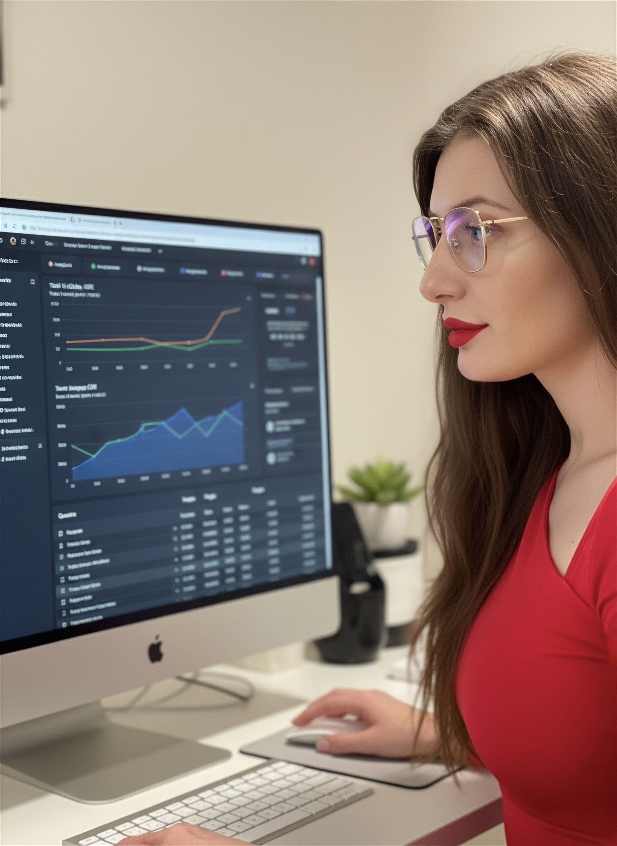 Joanna Kłapouchy pracuje przy komputerze - analiza danych SEO